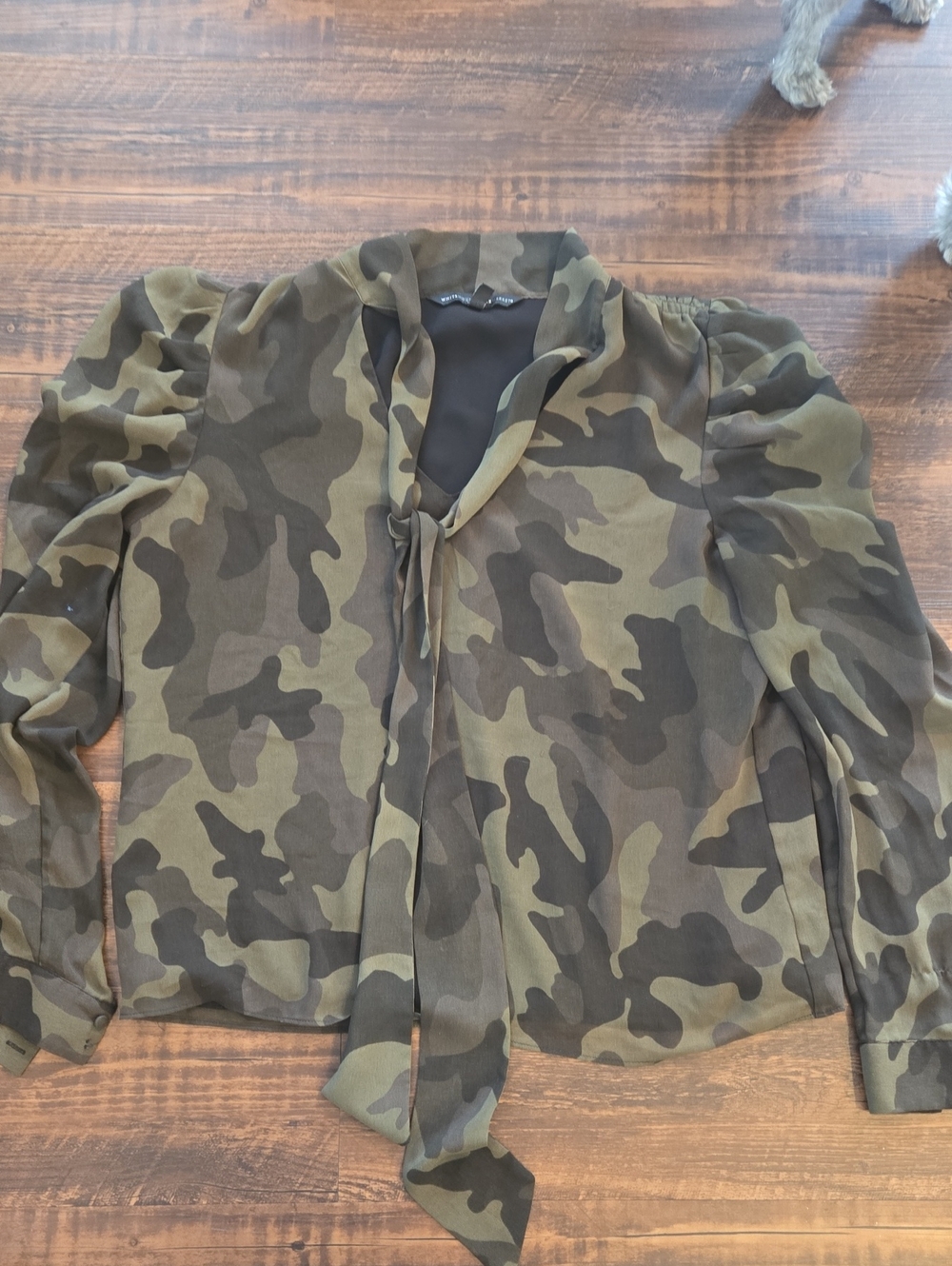 White House Black Market Olive & Dark Green Camouflage Tie-Neck Jacket